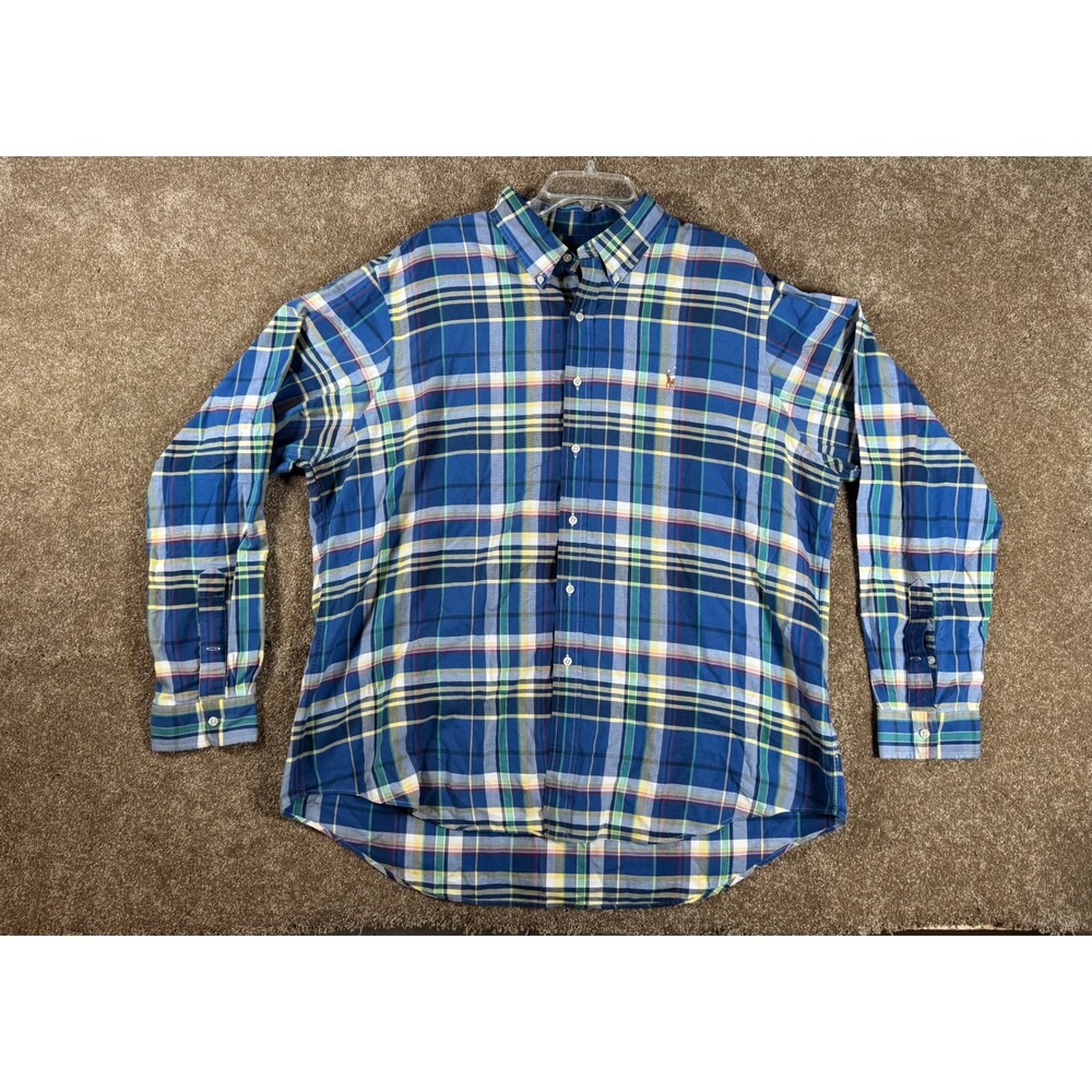 Ralph Lauren‎ Plaid Button Down Shirt Men's XXL Blue Yellow Green Polo Pony